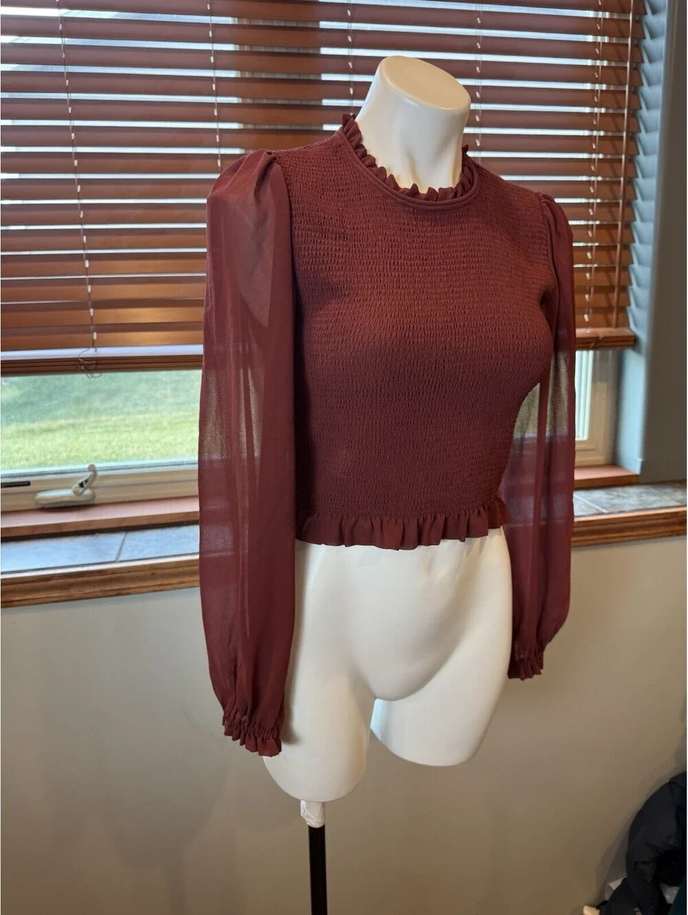WILFRED ARITZIA Tempest Smocked Chiffon Blouse in Maroon Size M